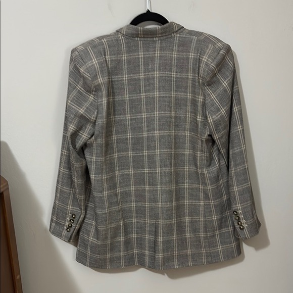 Express Women's Gray Blazer Windowpane‎ Plaid Collared Linen Blend - Picture 3 of 8